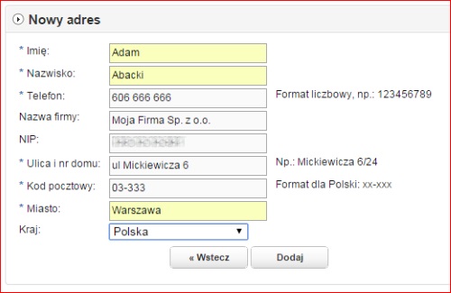Formularz danych adresowych