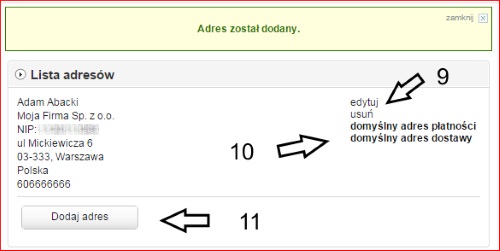 Wykaz wprowadzonych adresów